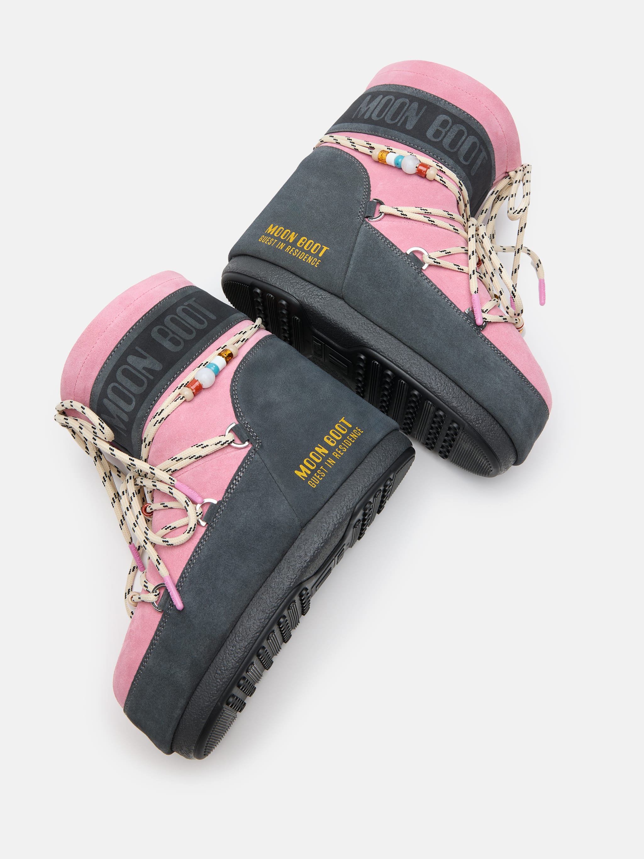MOON BOOT X GUEST IN RESIDENCE ICON LOW GREY & ROSE BEADED SUEDE BOOTS